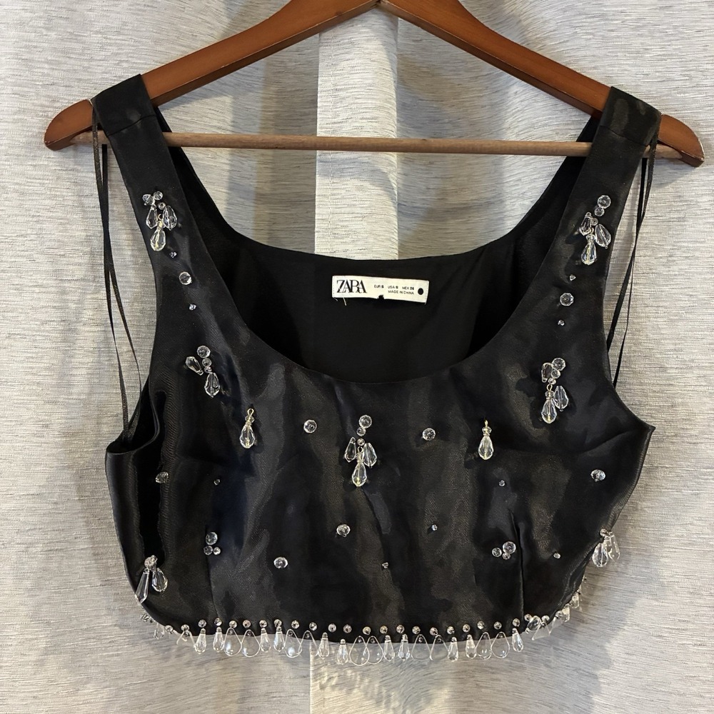 Zara Black Organza Beaded Crop Top blouse Size Small Coquette Girl